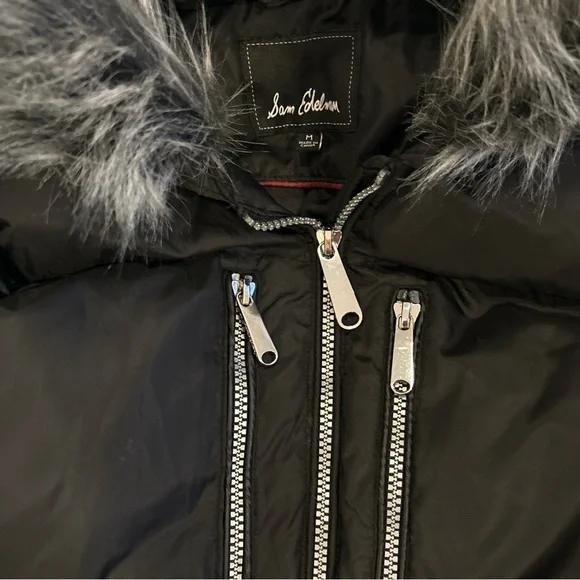 Last call❗️Sam Edelman Black Puffer Coat with Faux Fur Trim - Picture 2 of 5